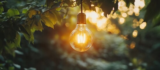 Poster - Glowing Lightbulb Hanging from a Tree Branch in a Forest