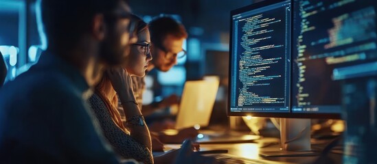 Poster - Two Programmers Focused on Code on a Computer Screen