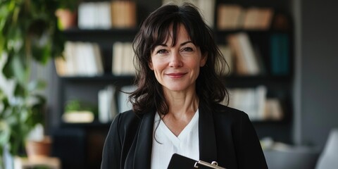 Poster - Portrait of a Smiling Woman in a Black Blazer
