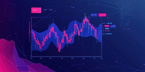 Aufkleber - Stock Market Chart with Red Candlesticks and Blue Lines on a Dark Blue Background