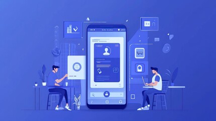 Aufkleber - Two People Using Mobile Devices with UI Elements and Icons