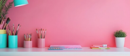 Poster - Minimalist Workspace with Pink Wall, Art Supplies, and Plants