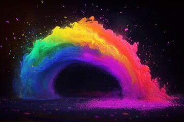 Poster - Vibrant rainbow Holi paint explosion in dark background. Colorful powder, paint splatter forms dynamic shape. Abstract design perfect for party events festive celebrations. Creative digital art