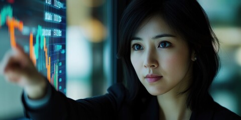 Leinwandbilder - Businesswoman pointing at financial data on a screen.
