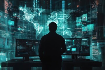 Poster - A hacker stands in front of multiple computer screens displaying code and a digital map of the world.