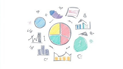 Poster - Hand drawn pie chart and business icons on white background.