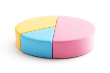 Leinwandbilder - 3D pie chart divided into three sections, yellow, blue, and pink, isolated on white background.