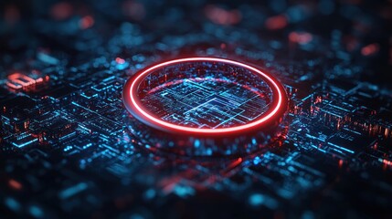 Leinwandbilder - Red Neon Circle Surrounding a Futuristic Circuit Board