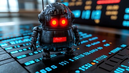 Aufkleber - Black Robotic Figure Standing on Futuristic Blue Interface