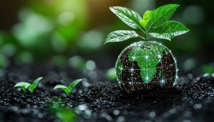 Leinwandbilder - A Green Sprout Emerging From a Glowing Earth Globe