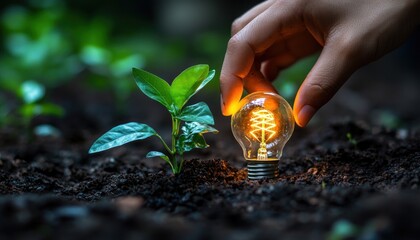 Aufkleber - A glowing lightbulb planted in the soil with a small green plant growing next to it.