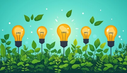 Poster - Five Light Bulbs Growing From Green Plants Against a Blue Sky