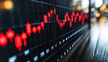 Poster - Red Candlestick Chart on Black Screen Displaying Stock Market Data