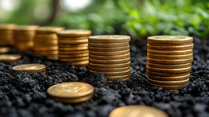 Poster - Stacks of Gold Coins on Dark Soil with a Green Background
