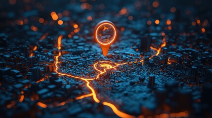 Poster - Glowing Pinpoint Location Over a Futuristic Cityscape