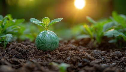 Leinwandbilder - A Green Seedling Emerging from the Soil with a Bright Sun in the Background