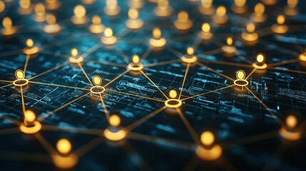 Poster - A Network of Illuminated Nodes Connected by Lines on a Blue Background