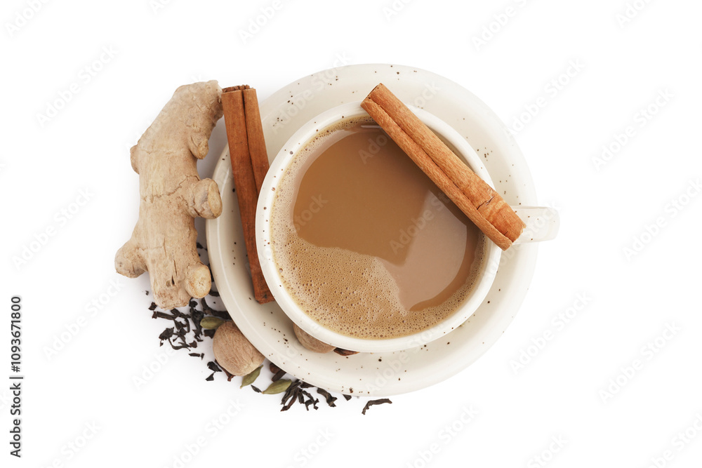 Cup of delicious masala tea with different spices and walnut on white background