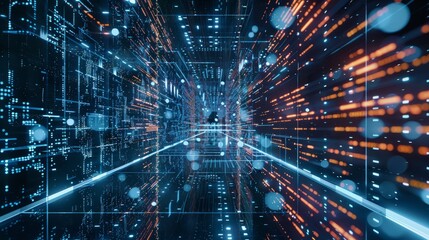 Digital binary code matrix background - 3D rendering of a scientific technology data binary code network conveying connectivity, complexity and data flood of modern digital age