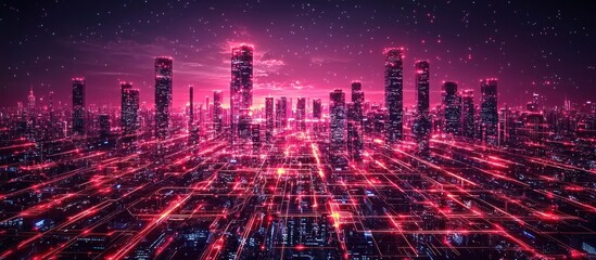 Wall Mural - Neon Cityscape with Interconnected Network of Glowing Lines