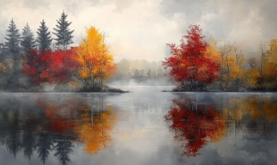 A serene lake reflects the changing seasons with trees in red, orange, yellow, and grey hues. The mist adds a mysterious touch to the tranquil scene