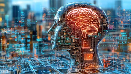 Aufkleber - A Digital Brain, a Circuitry Head, and a Cityscape of Data