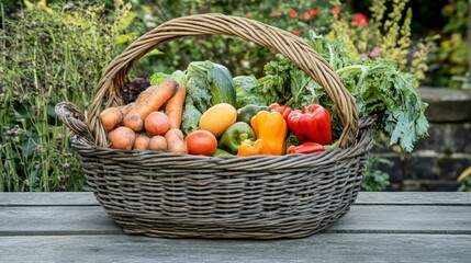 Poster - A wicker basket is filled with an array of fresh vegetables, showcasing vibrant colors in a lush garden setting during the afternoon. Generative AI