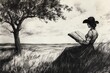 © gankevstock - Elegant charcoal sketch of a pin-up cowgirl reading a map under a tree in a peaceful countryside setting, ideal for vintage-themed designs