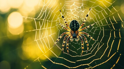 A spider sits in the center of its web, with a soft, blurry background of green and yellow.