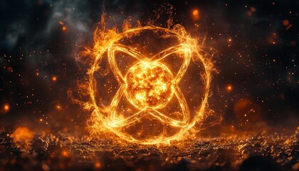 Poster - A fiery orb surrounded by flames and sparks, glowing against a dark background.