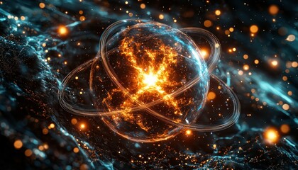 Poster - Abstract Sphere with Orange and Blue Lights and Glowing Rings