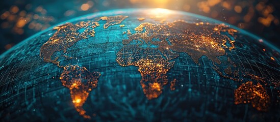 Fototapete - A digital representation of the Earth with glowing lights highlighting continents