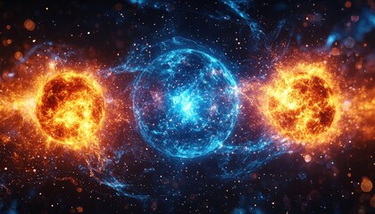 Poster - Two Glowing Orbs of Fire and Ice in a Dark Cosmic Background