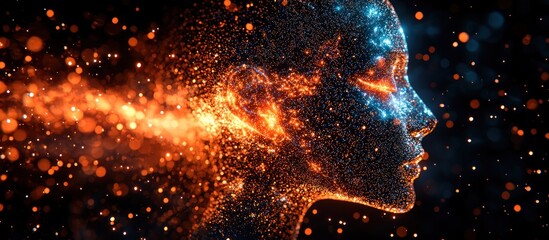 Poster - A Digital Portrait of a Human Face Constructed of Bright, Sparkling Particles