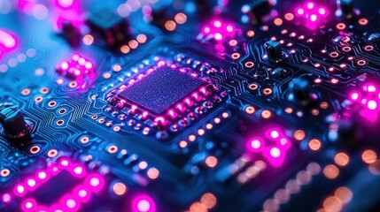 Poster - Close-up of a Circuit Board with Pink and Blue Lights