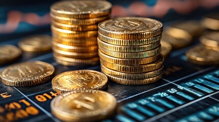 Aufkleber - Stacks of Gold Coins on a Stock Market Chart