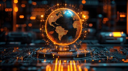 Fototapete - A glowing digital globe on a circuit board with orange lights.
