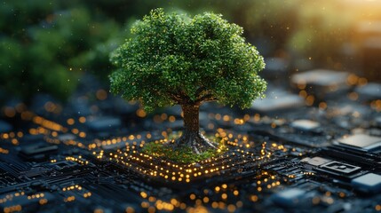 Aufkleber - A Green Tree Growing From a Circuit Board with Glowing Lights