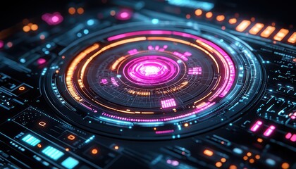 Leinwandbilder - Futuristic Digital Interface with Glowing Circles and Lines