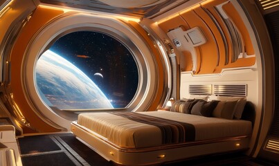 Wall Mural - a luxurious, futuristic bedroom aboard a spaceship, with a view of a distant planet through a large 