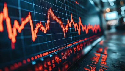 Fototapete - Red Fluctuating Line Graph on a Dark Digital Screen