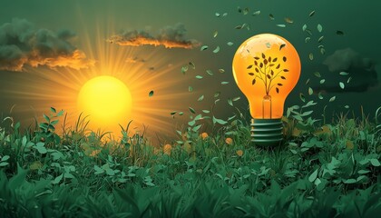 Poster - Lightbulb with a Growing Plant Inside in Grass with a Sunset in the Background