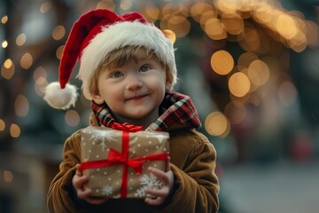 Funny child in Santa red hat holding Christmas gift in hand.