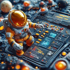 Leinwandbilder - Astronaut in Spacesuit Interacting with Futuristic Control Panel