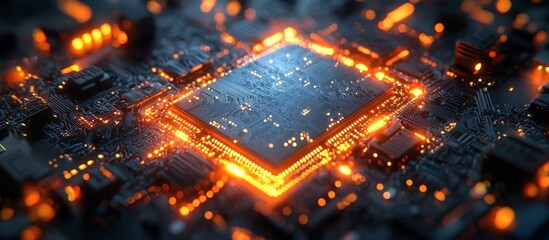 Poster - Illuminated Microchip Circuitry with Orange Glows