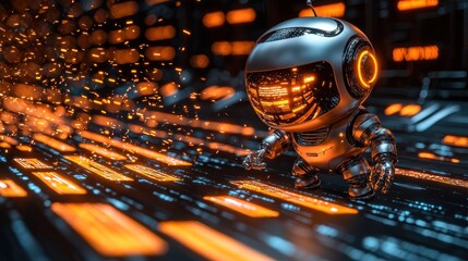 Aufkleber - A futuristic, metallic robot with glowing orange eyes stands on a digital grid