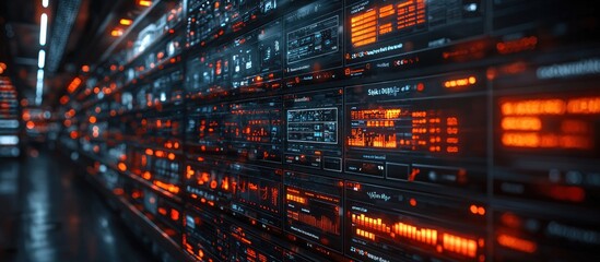 Leinwandbilder - Futuristic Server Room with Red and Blue Glowing Interfaces