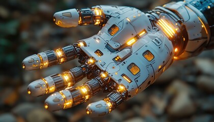 Poster - A Close-Up of a Metallic Robotic Hand with Glowing Lights