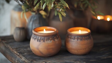 Canvas Print - Handcrafted Candles in Rustic Pottery Vessels