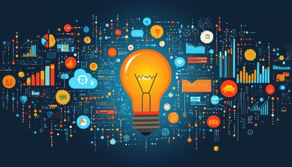 Aufkleber - A lightbulb surrounded by colorful data icons